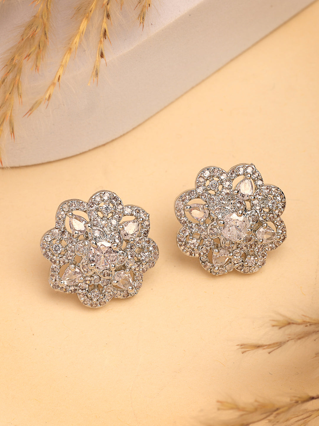 NVR Women's Silver-Plated AD- Studded Circular Shaped Studs Earring | Swadesiicart