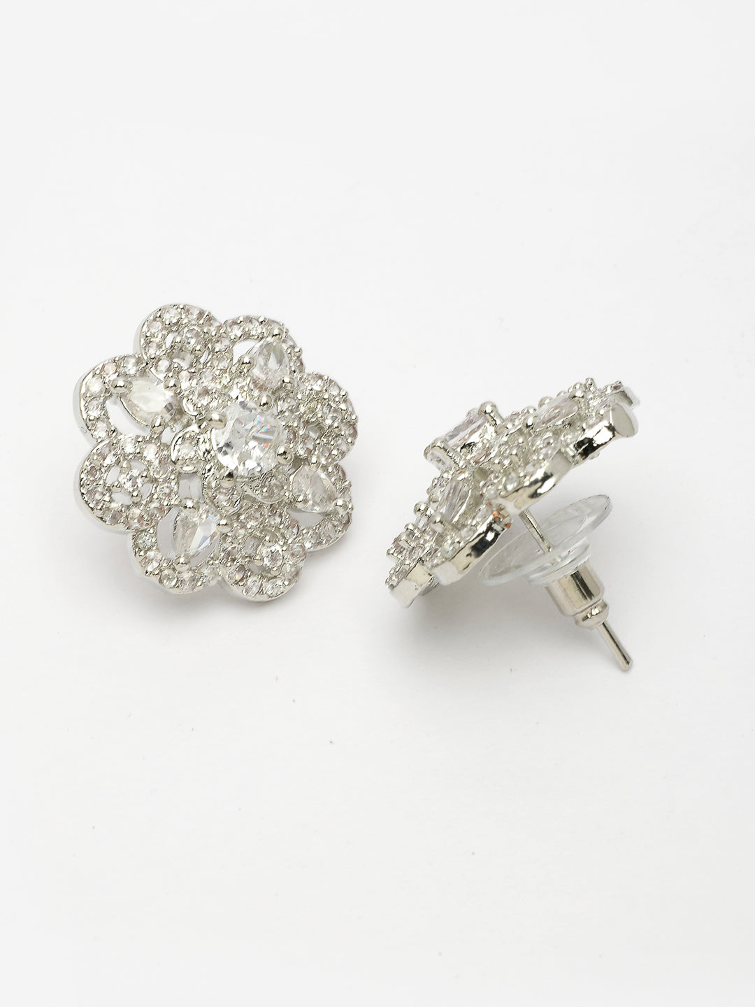 NVR Women's Silver-Plated AD- Studded Circular Shaped Studs Earring | Swadesiicart