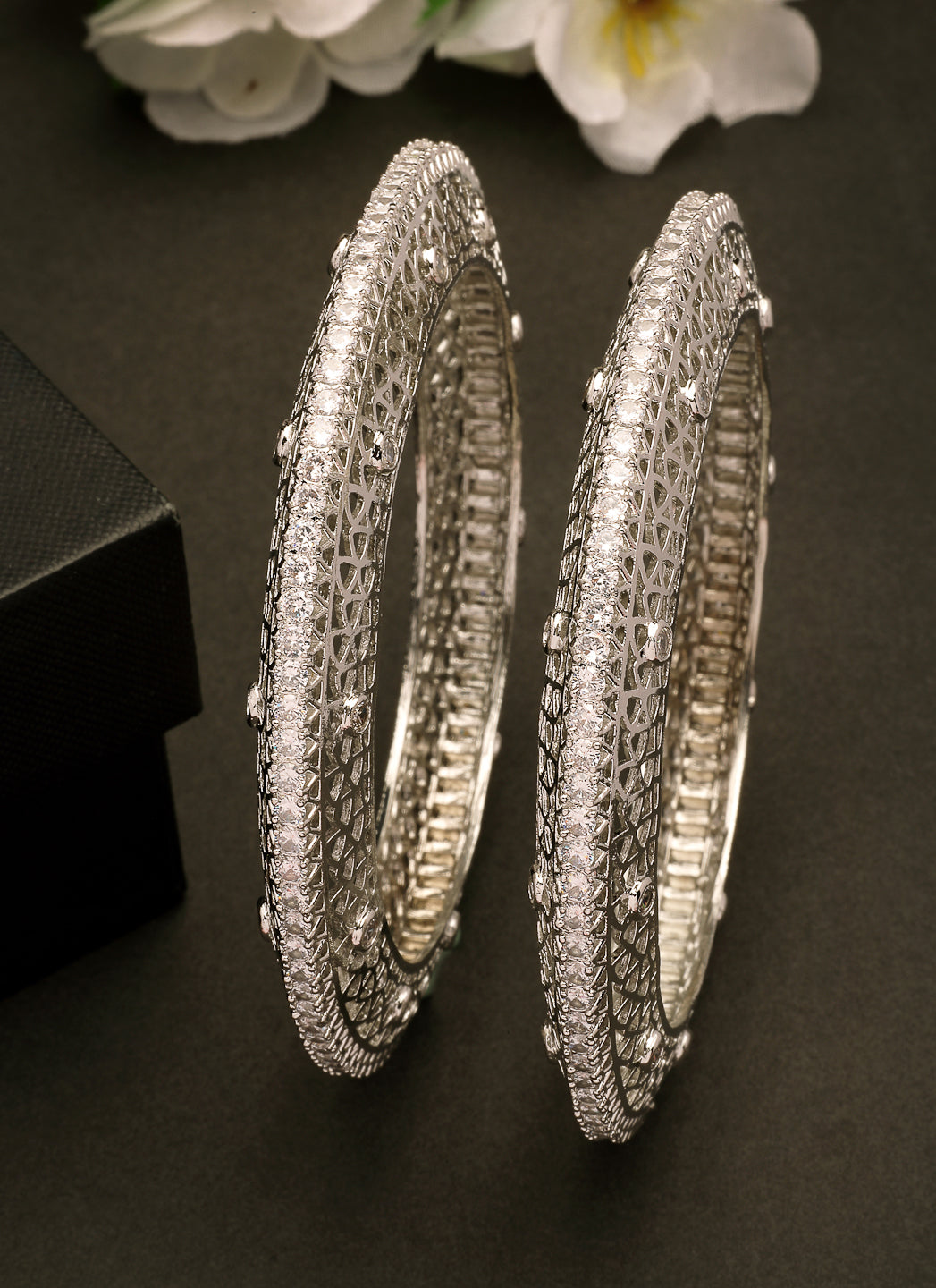 NVR Women's Set of 2 Silver-Plated American Diamond Studded Bangles - Swadesiicart