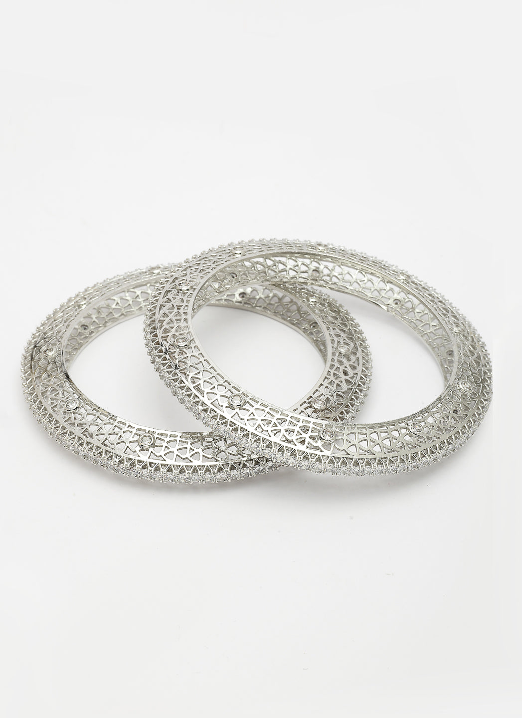 NVR Women's Set of 2 Silver-Plated American Diamond Studded Bangles - Swadesiicart