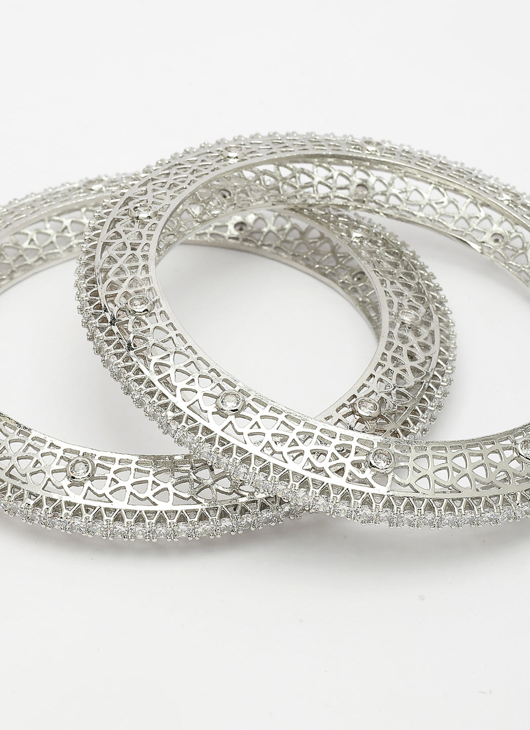 NVR Women's Set of 2 Silver-Plated American Diamond Studded Bangles - Swadesiicart