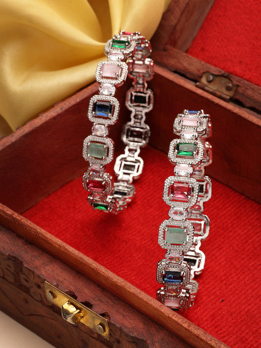 NVR Women's Set of 2 Multicolor Silver-Plated American Diamond Studded Bangles - Swadesiicart
