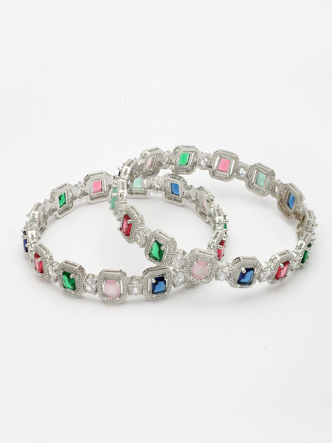 NVR Women's Set of 2 Multicolor Silver-Plated American Diamond Studded Bangles - Swadesiicart
