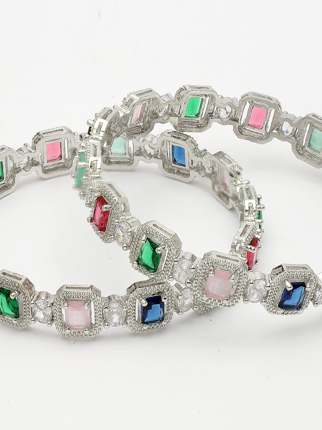 NVR Women's Set of 2 Multicolor Silver-Plated American Diamond Studded Bangles - Swadesiicart