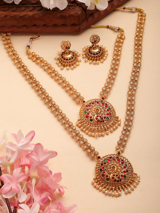 NVR Women's Set of 2 Gold-Polished Red & Green Stone Studded Peacock Design Temple Jewellery Set - Swadesiicart