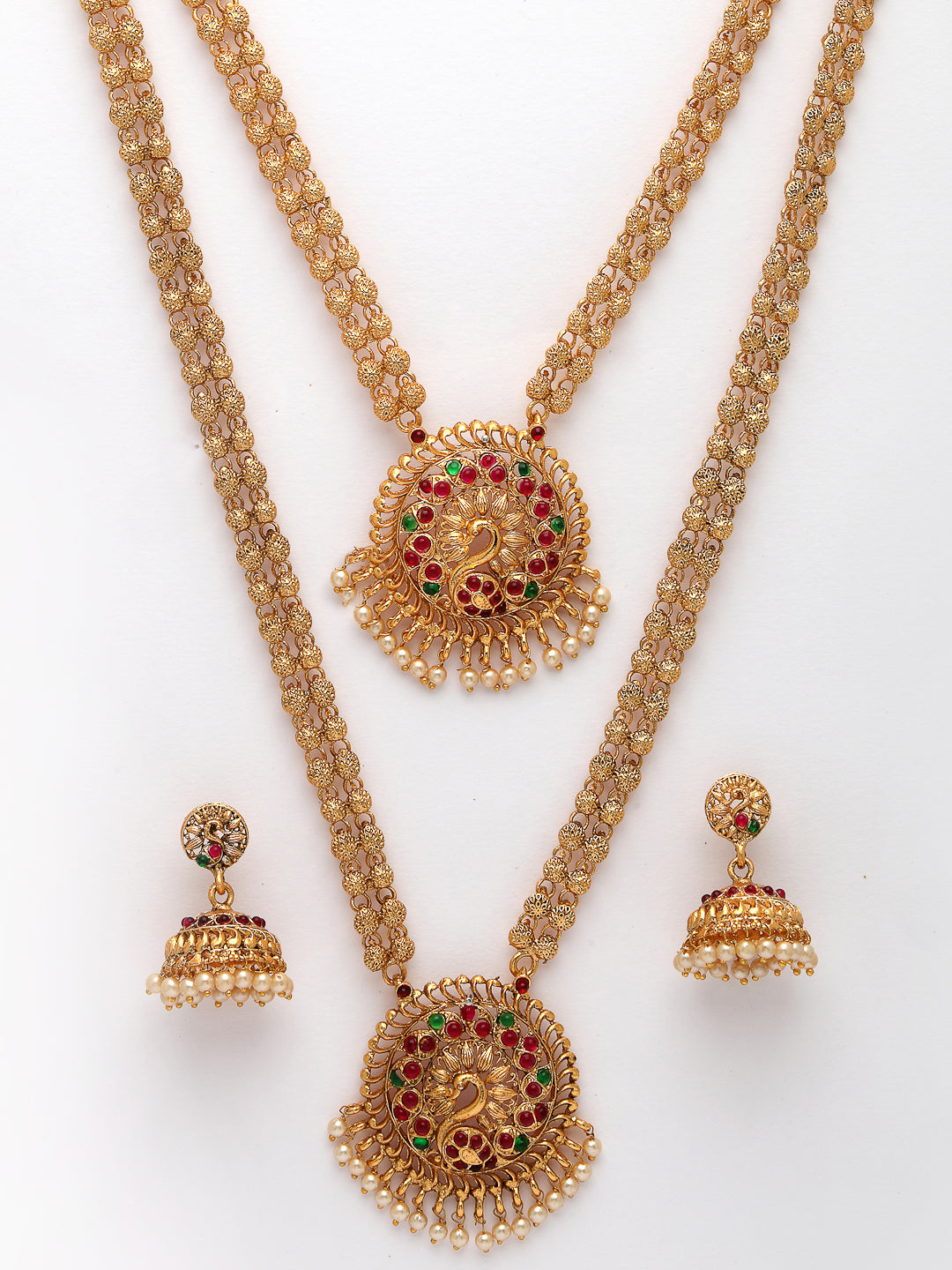 NVR Women's Set of 2 Gold-Polished Red & Green Stone Studded Peacock Design Temple Jewellery Set - Swadesiicart