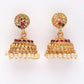 NVR Women's Set of 2 Gold-Polished Red & Green Stone Studded Peacock Design Temple Jewellery Set - Swadesiicart