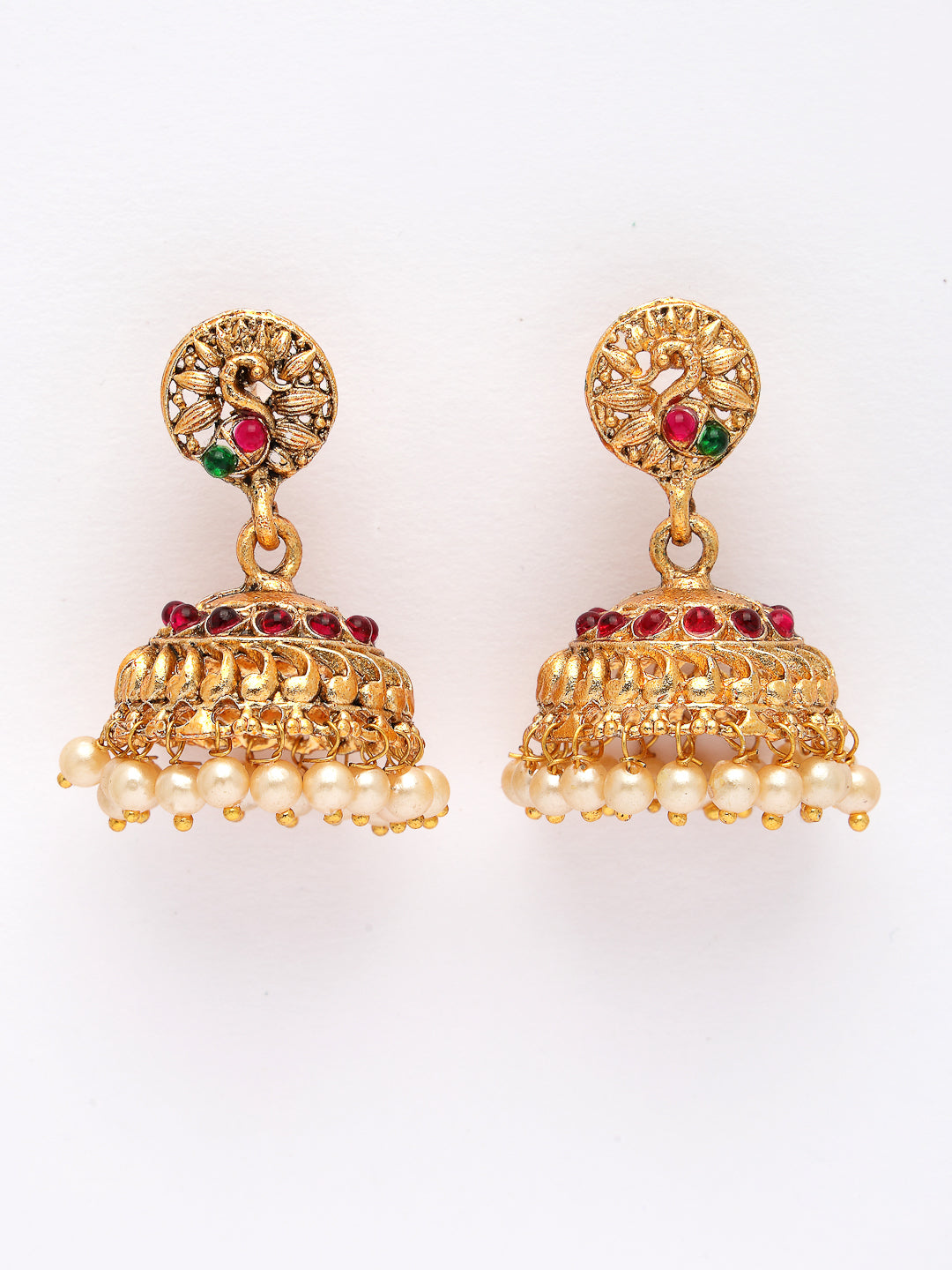NVR Women's Set of 2 Gold-Polished Red & Green Stone Studded Peacock Design Temple Jewellery Set - Swadesiicart