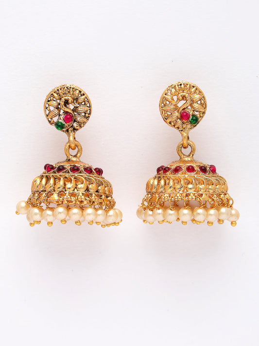 NVR Women's Set of 2 Gold-Polished Red & Green Stone Studded Peacock Design Temple Jewellery Set - Swadesiicart
