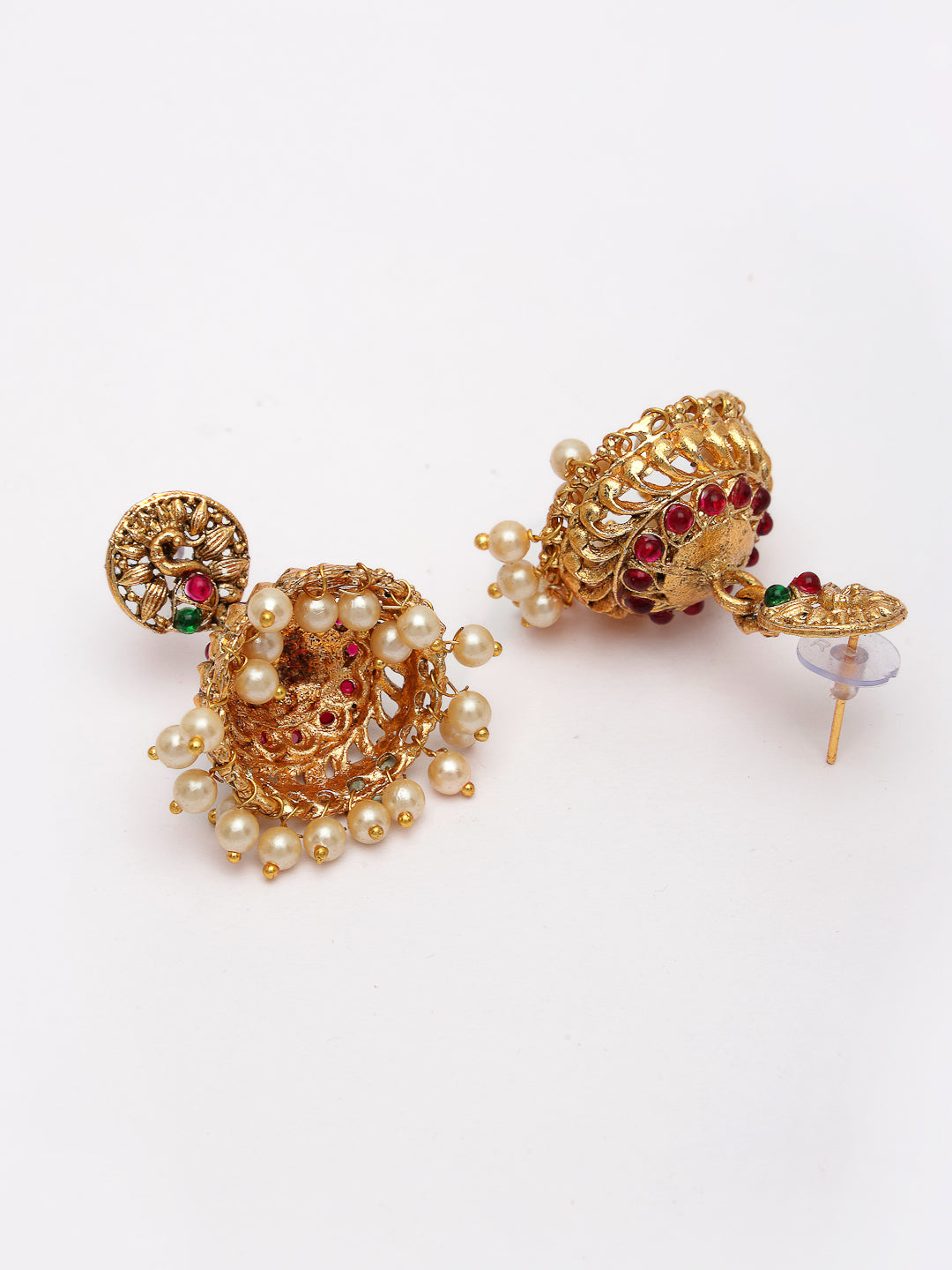 NVR Women's Set of 2 Gold-Polished Red & Green Stone Studded Peacock Design Temple Jewellery Set - Swadesiicart