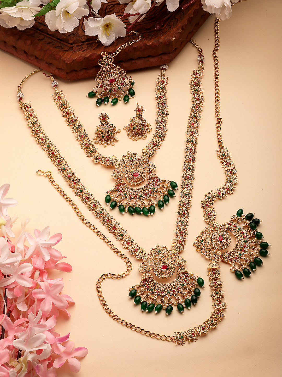 NVR Women's Set of 2 Gold-Polished Stone Studded Temple Jewellery Set with Maangtikka & Kamarbandh - Swadesiicart