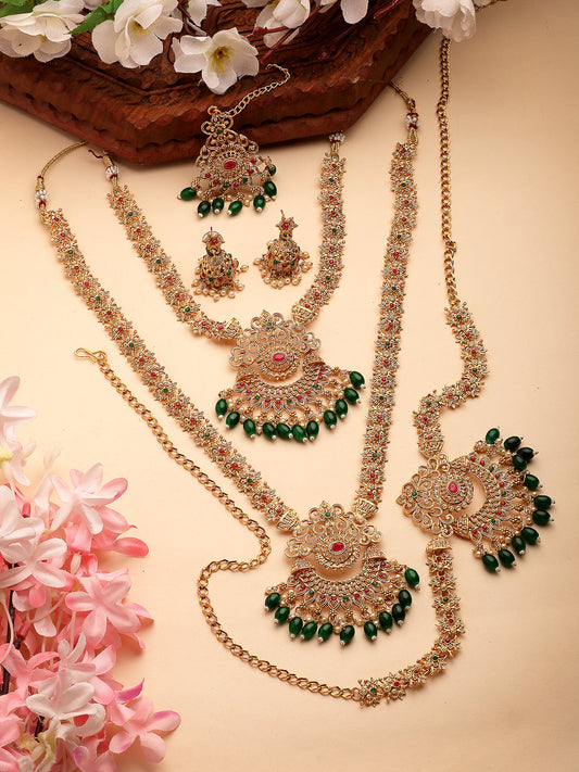 NVR Women's Set of 2 Gold-Polished Stone Studded Temple Jewellery Set with Maangtikka & Kamarbandh - Swadesiicart