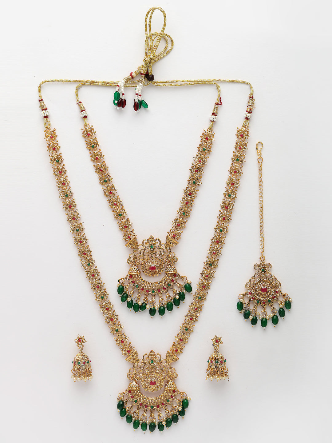 NVR Women's Set of 2 Gold-Polished Stone Studded Temple Jewellery Set with Maangtikka & Kamarbandh - Swadesiicart
