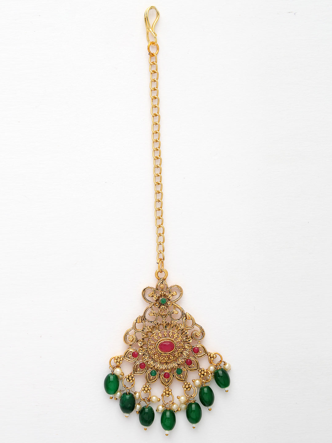 NVR Women's Set of 2 Gold-Polished Stone Studded Temple Jewellery Set with Maangtikka & Kamarbandh - Swadesiicart