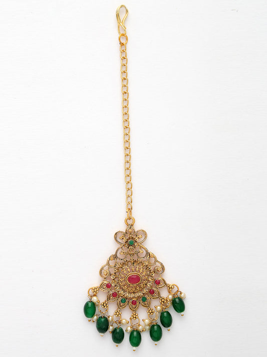 NVR Women's Set of 2 Gold-Polished Stone Studded Temple Jewellery Set with Maangtikka & Kamarbandh - Swadesiicart