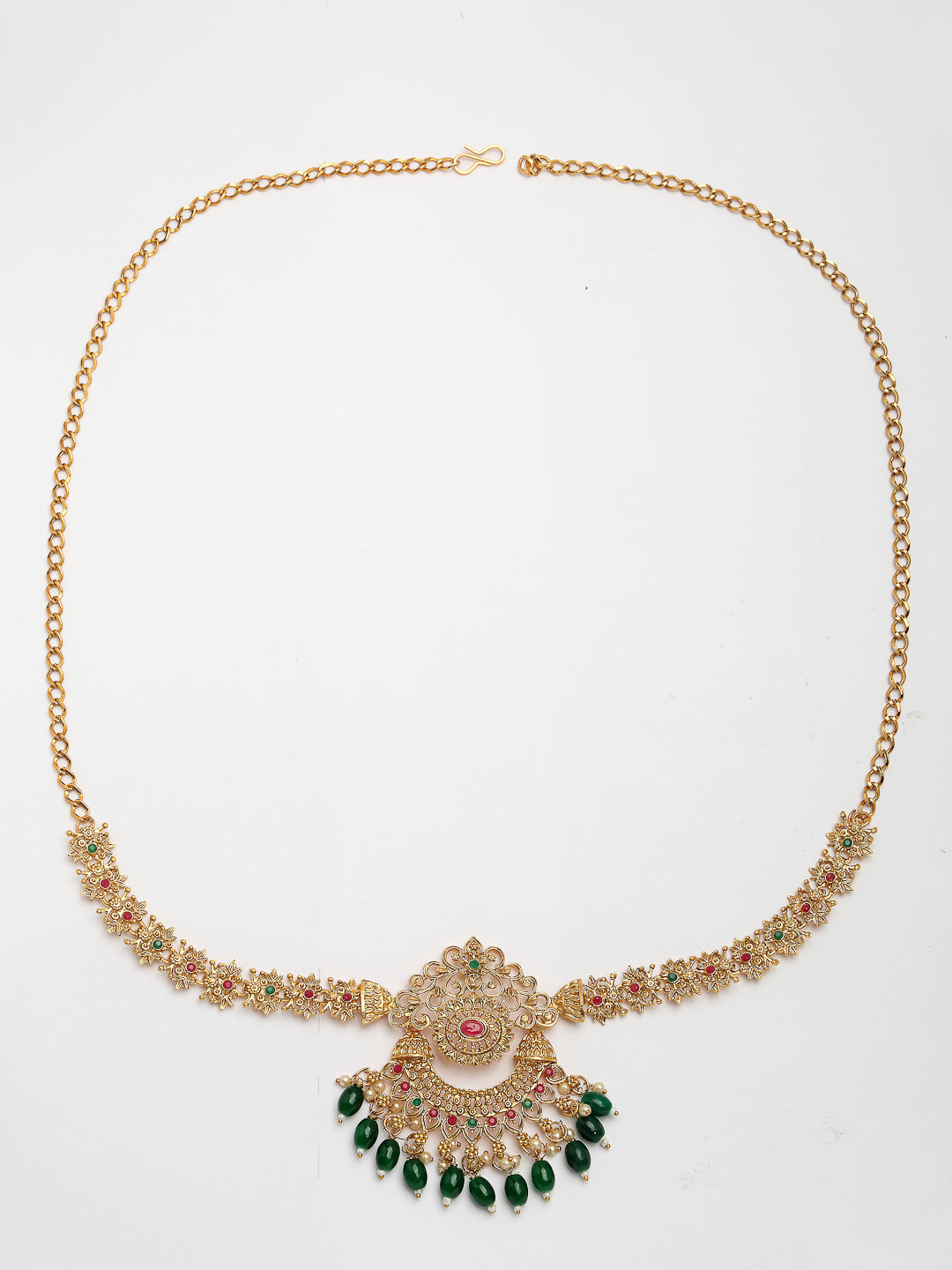 NVR Women's Set of 2 Gold-Polished Stone Studded Temple Jewellery Set with Maangtikka & Kamarbandh - Swadesiicart