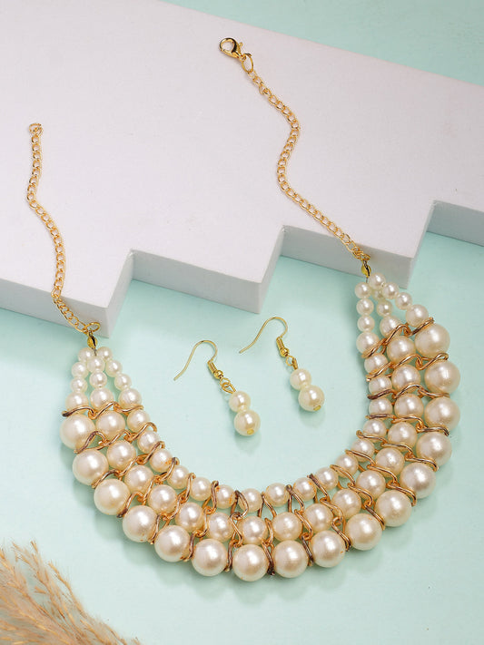 NVR Women's Gold-Polished White Pearl-Beaded Handcrafted Jewellery Set - Swadesiicart