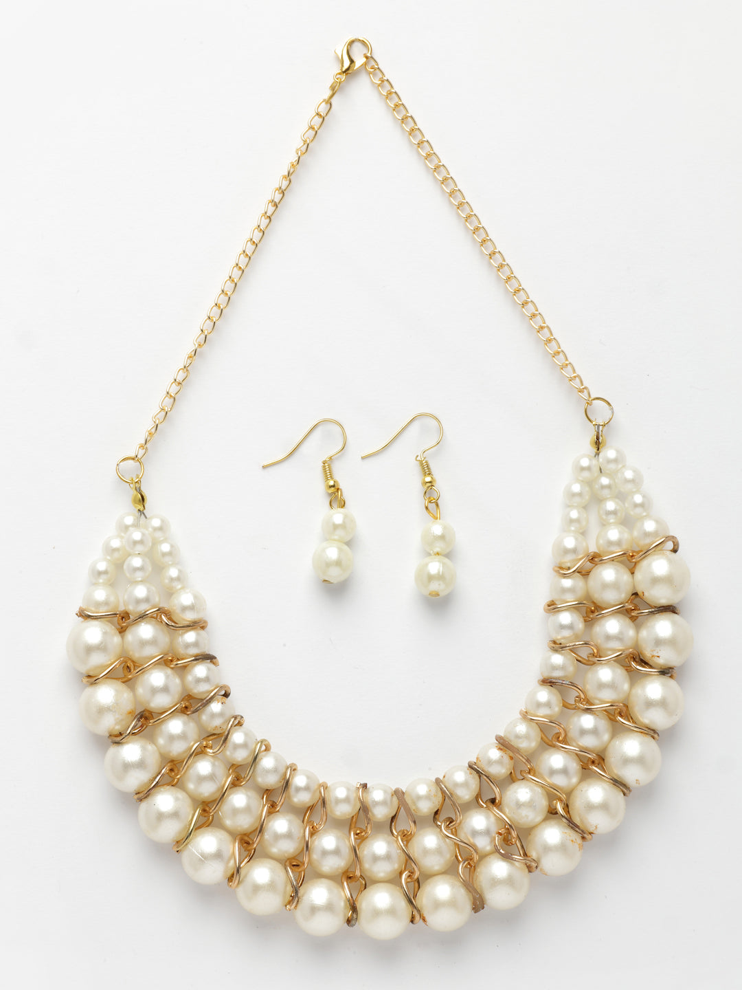 NVR Women's Gold-Polished White Pearl-Beaded Handcrafted Jewellery Set - Swadesiicart