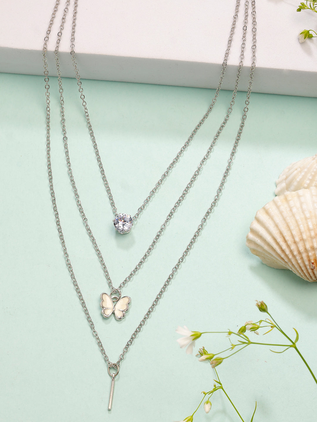 NVR Women's Silver-Toned Artificial Stones Butterfly-shaped Layered Chain | Swadesiicart