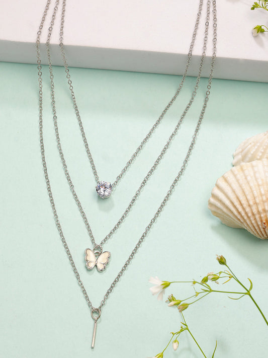 NVR Women's Silver-Toned Artificial Stones Butterfly-shaped Layered Chain | Swadesiicart