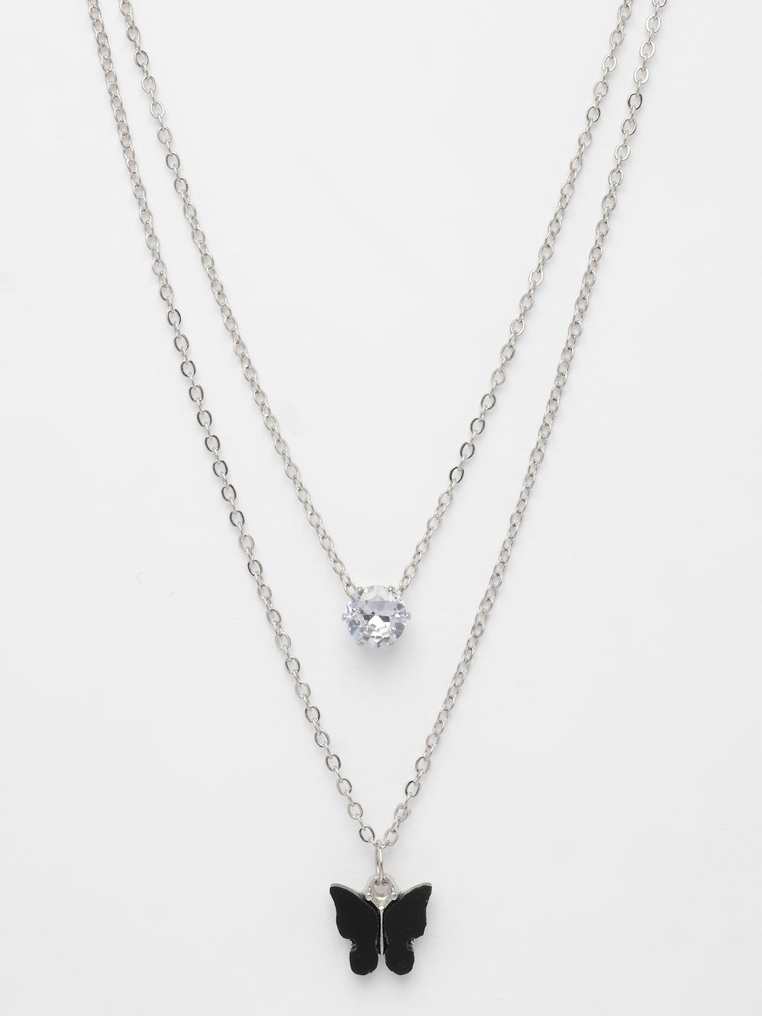 NVR Women's Silver-Toned Artificial Stones Butterfly-shaped Layered Chain | Swadesiicart