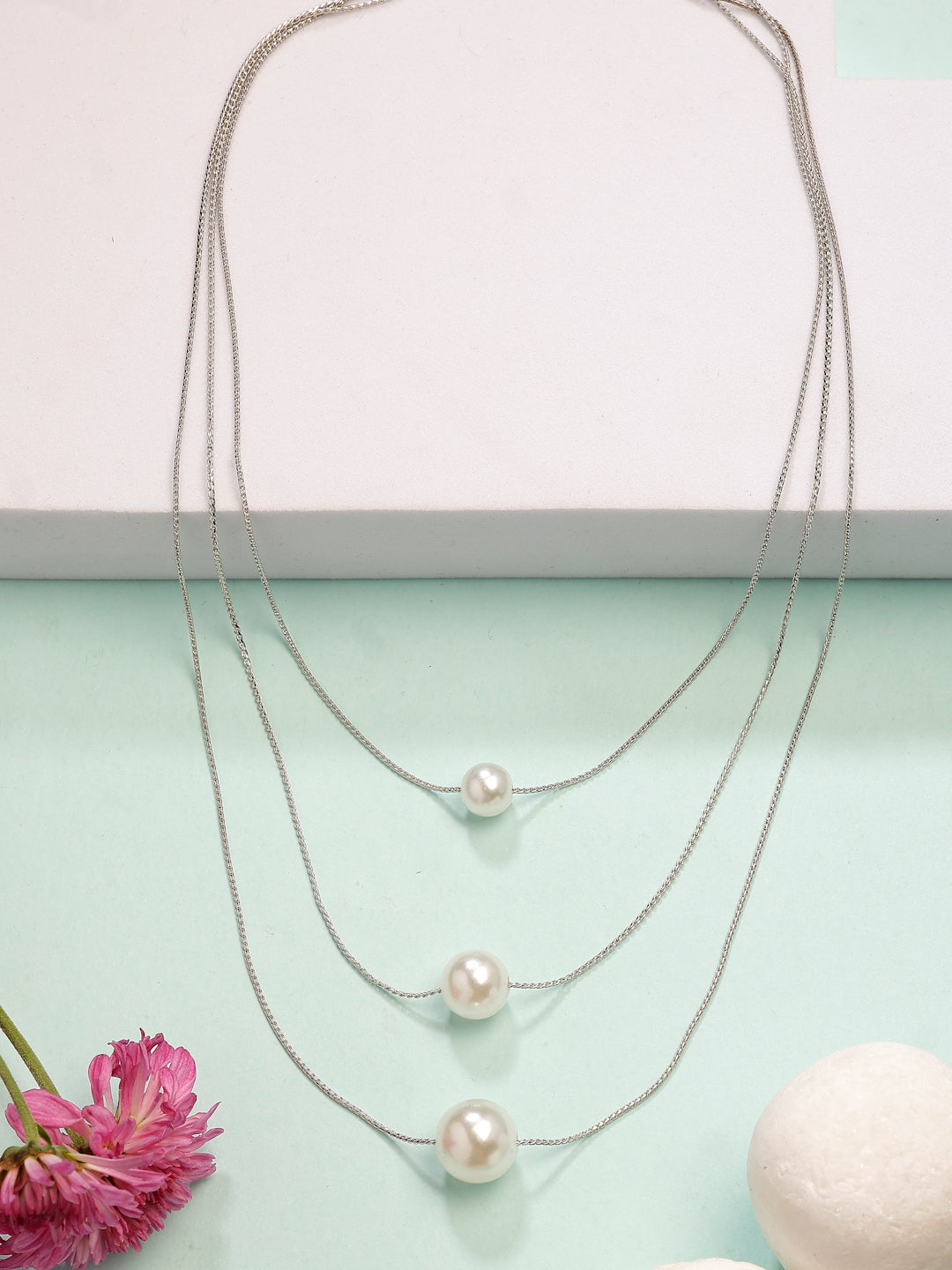 NVR Women's Silver-Plated White Pearl Layered Chain - Swadesiicart