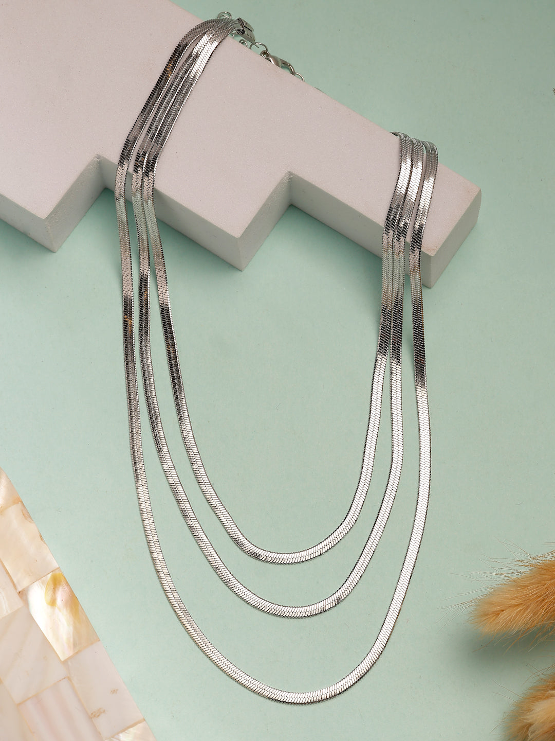 NVR Women's German Silver Plated Oxidised Minimal Layered Chain | Swadesiicart