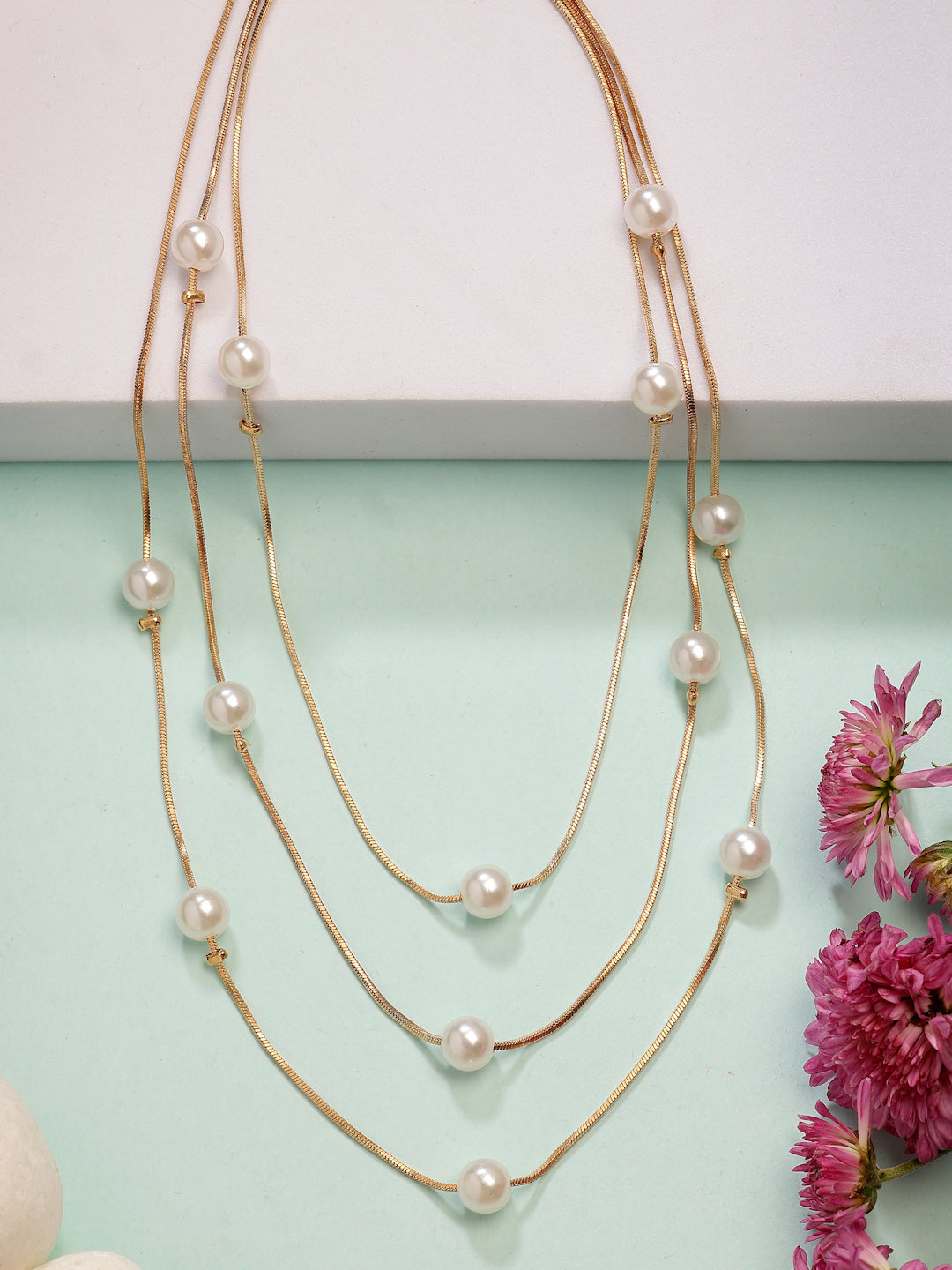 NVR Women's Gold-Polished White Pearls Party Layered Chain | Swadesiicart