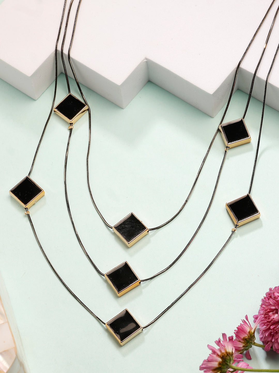 NVR Women's Black Geometric-Shaped Layered Fashion Necklace - Swadesiicart