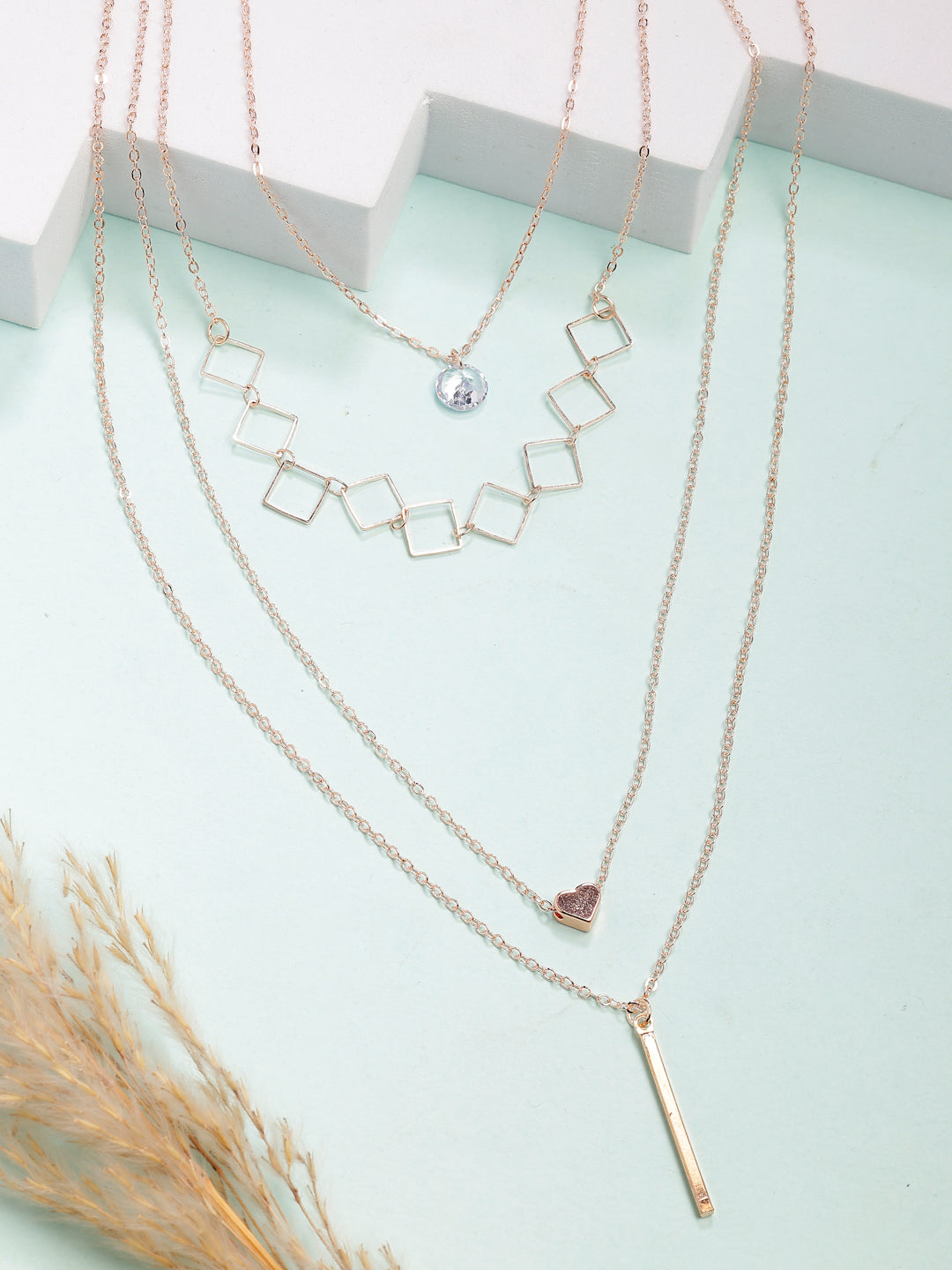 NVR Women's Rose Gold-Polished Artificial Stones Layered Chain | Swadesiicart