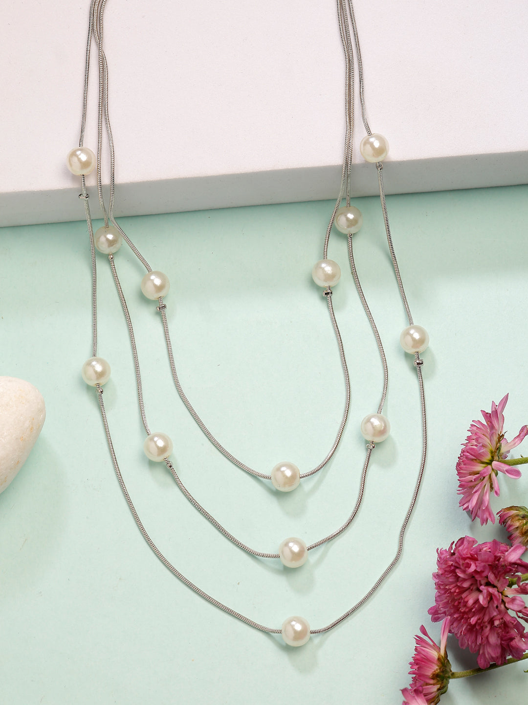 NVR Women's Silver-Plated White Pearls Party Layered Chain - Swadesiicart