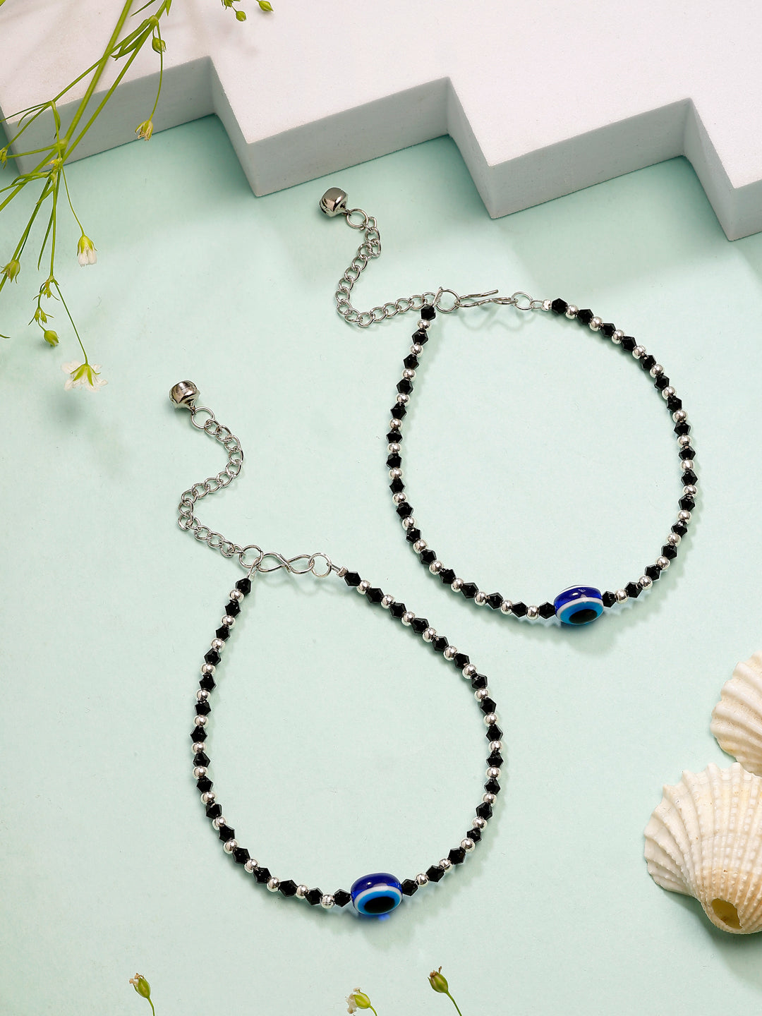 NVR Women's Silver-Plated Evil Eye Artificial Beads Anklet - Swadesiicart