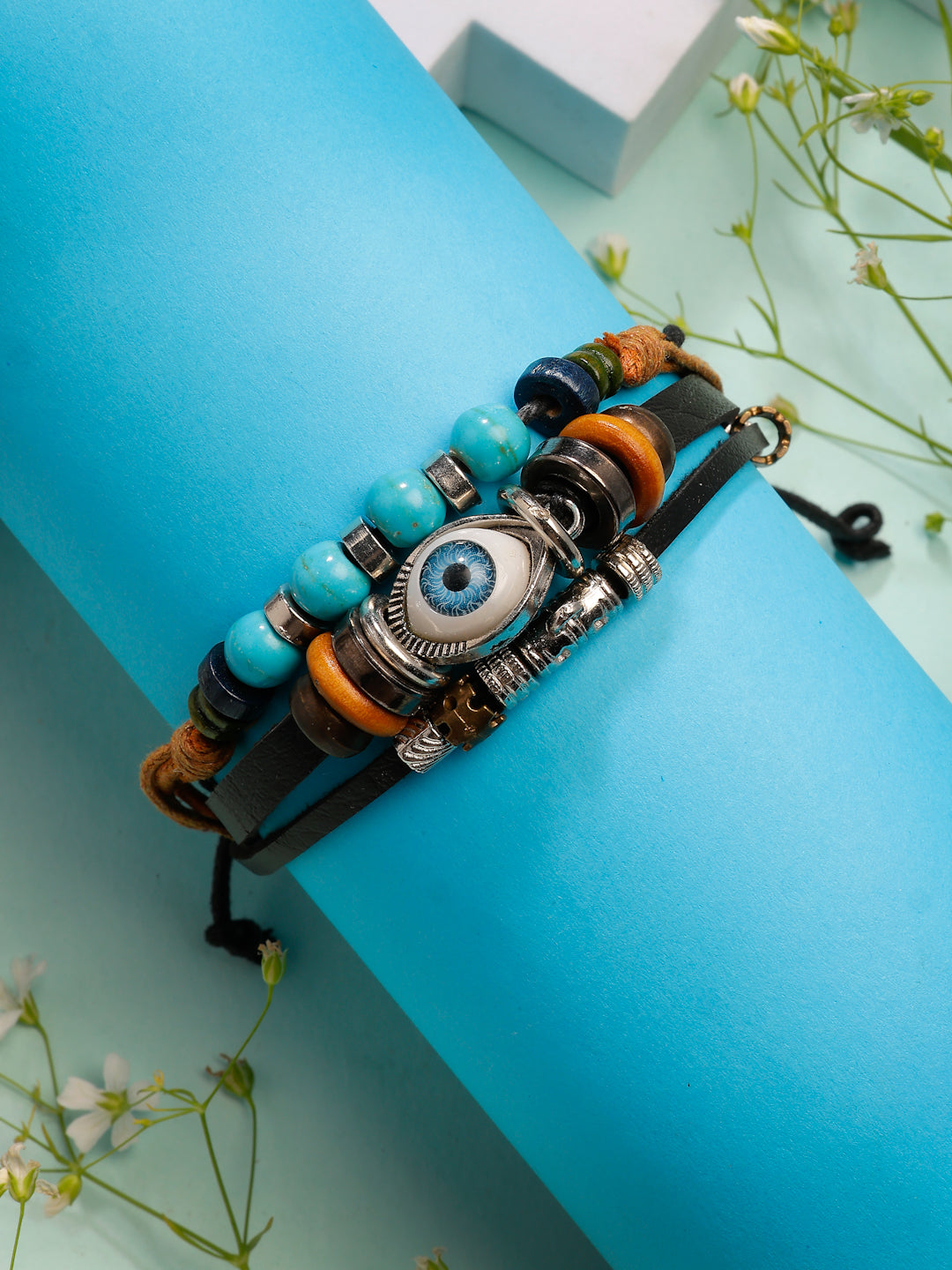 NVR Men's Evil Eye Multi-Coloured Leather Wraparound Bracelet - Swadesiicart