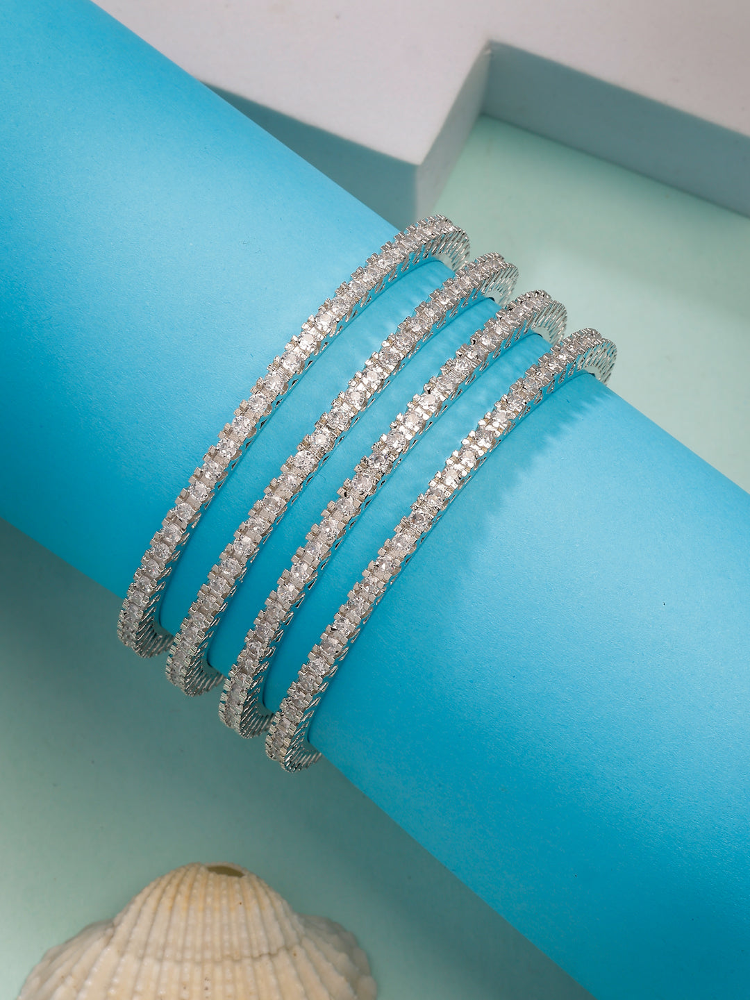 NVR Women's Set of 4 Silver-Plated Cubic Zirconia Stone Studded Bangles - Swadesiicart