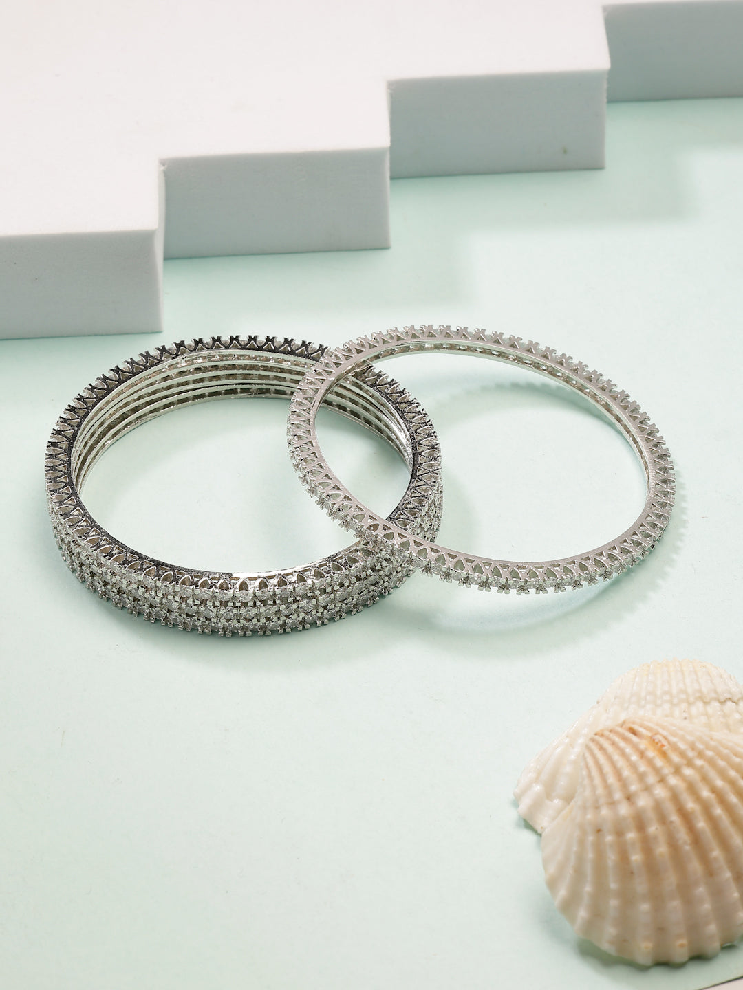 NVR Women's Set of 4 Silver-Plated Cubic Zirconia Stone Studded Bangles - Swadesiicart