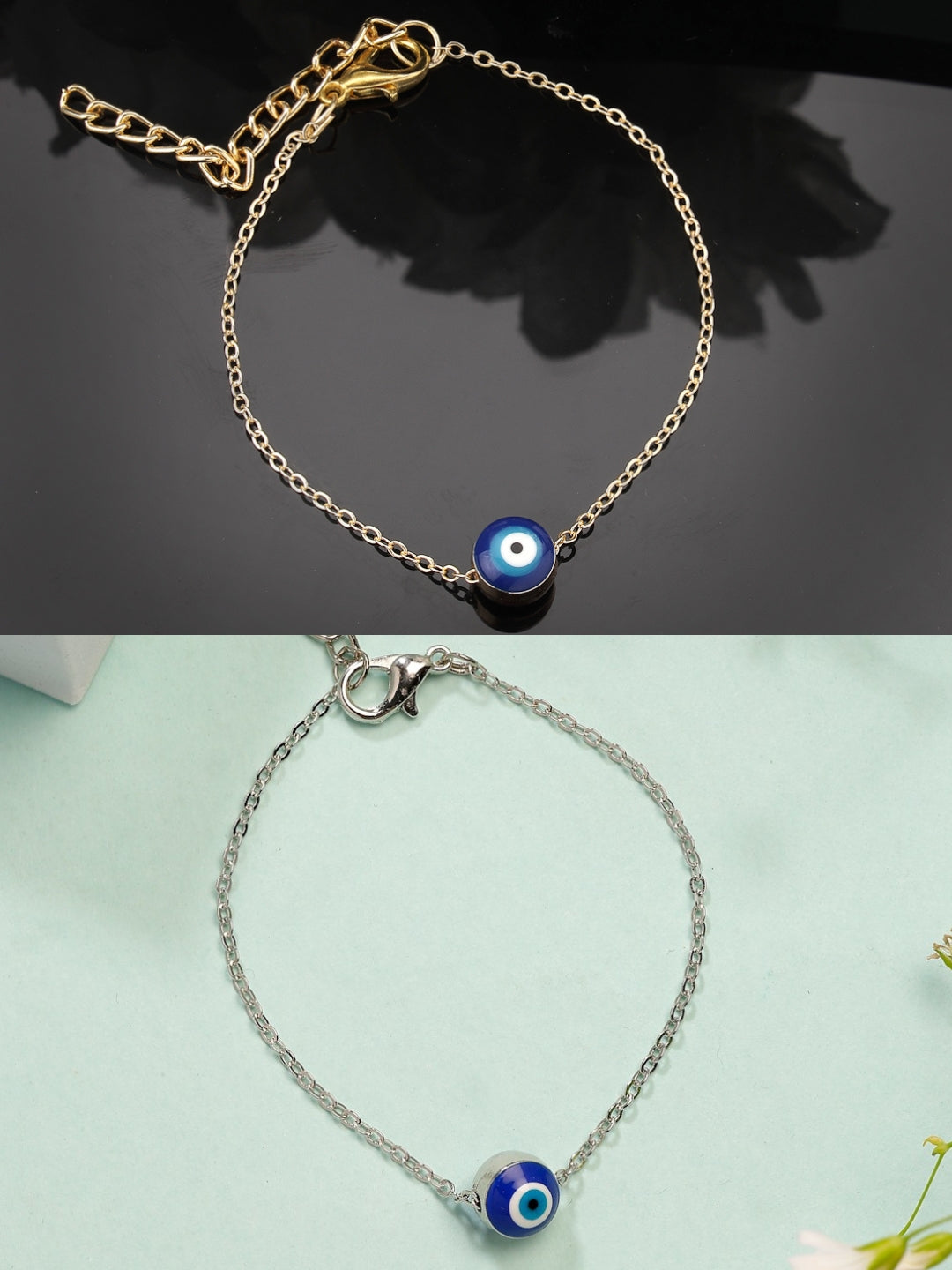 NVR Women's Set of 2 Gold & Silver Polished Evil eye Link Bracelet - Swadesiicart