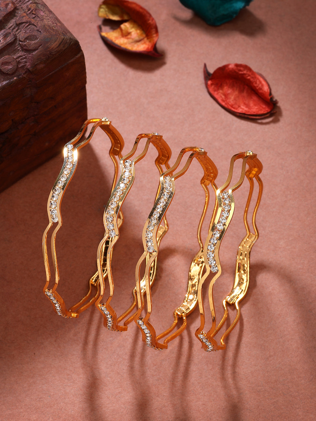 NVR Women's Set of 4 Gold-Polished Cubic Zirconia Stone Studded Bangles - Swadesiicart