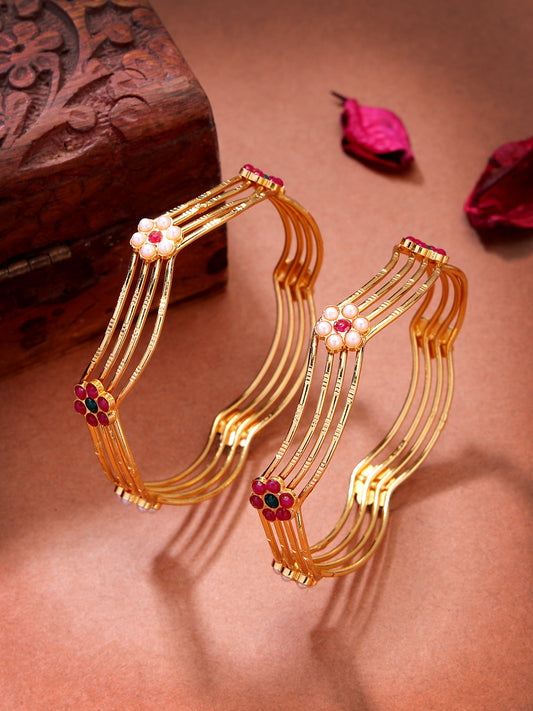 NVR Women's Set of 2 Gold-Polished Artificial Stones Traditional Bangles - Swadesiicart