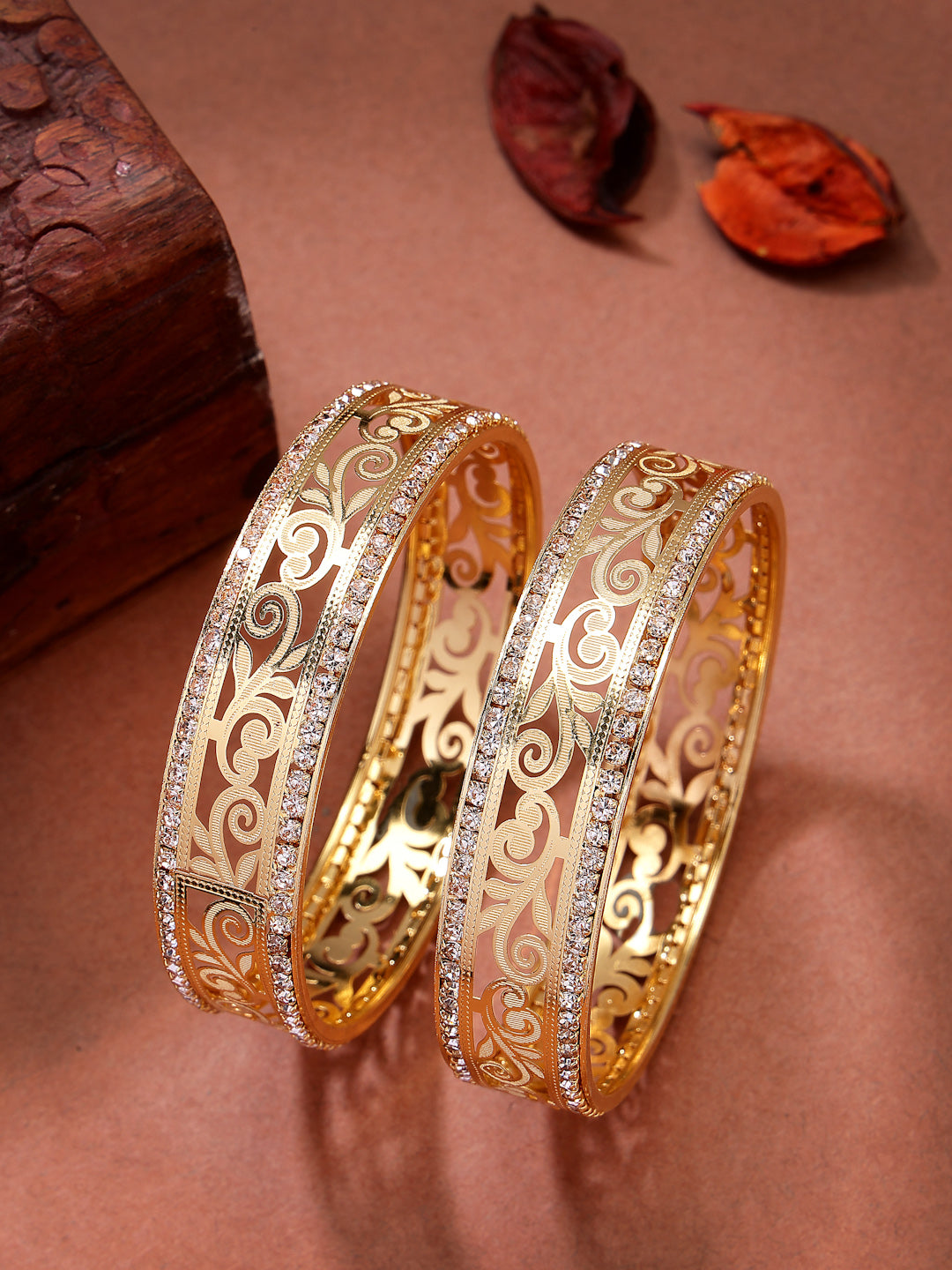 NVR Women's Set of 2 Gold-Polished Cubic Zirconia Stone Studded Kada Bangles - Swadesiicart