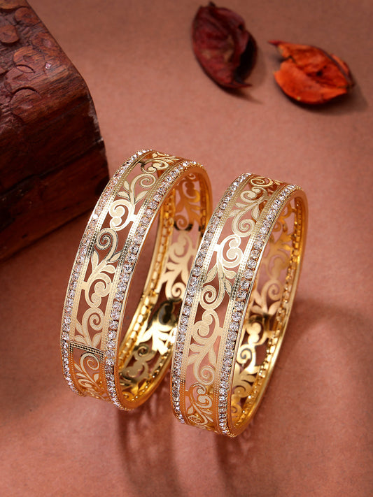 NVR Women's Set of 2 Gold-Polished Cubic Zirconia Stone Studded Kada Bangles - Swadesiicart