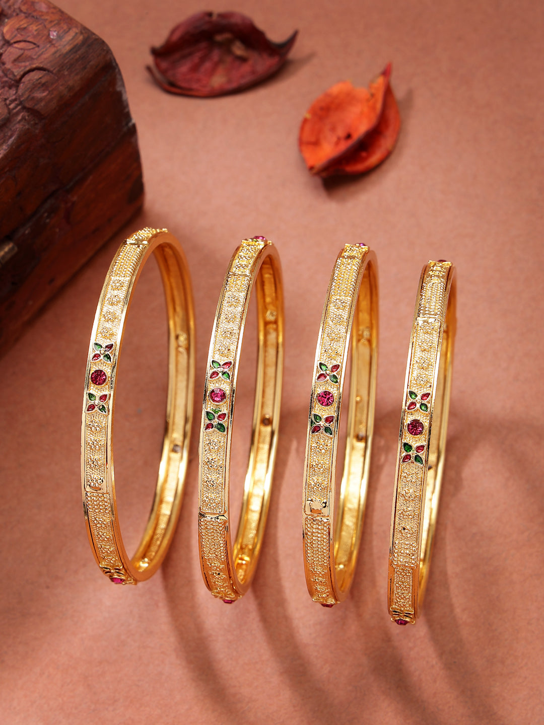 NVR Women's Set of 4 Gold-Polished Artificial Stones Traditional Bangles - Swadesiicart