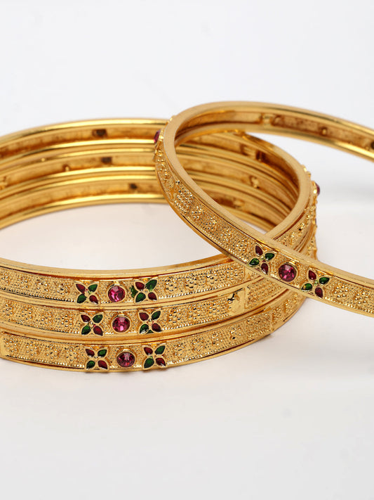 NVR Women's Set of 4 Gold-Polished Artificial Stones Traditional Bangles - Swadesiicart