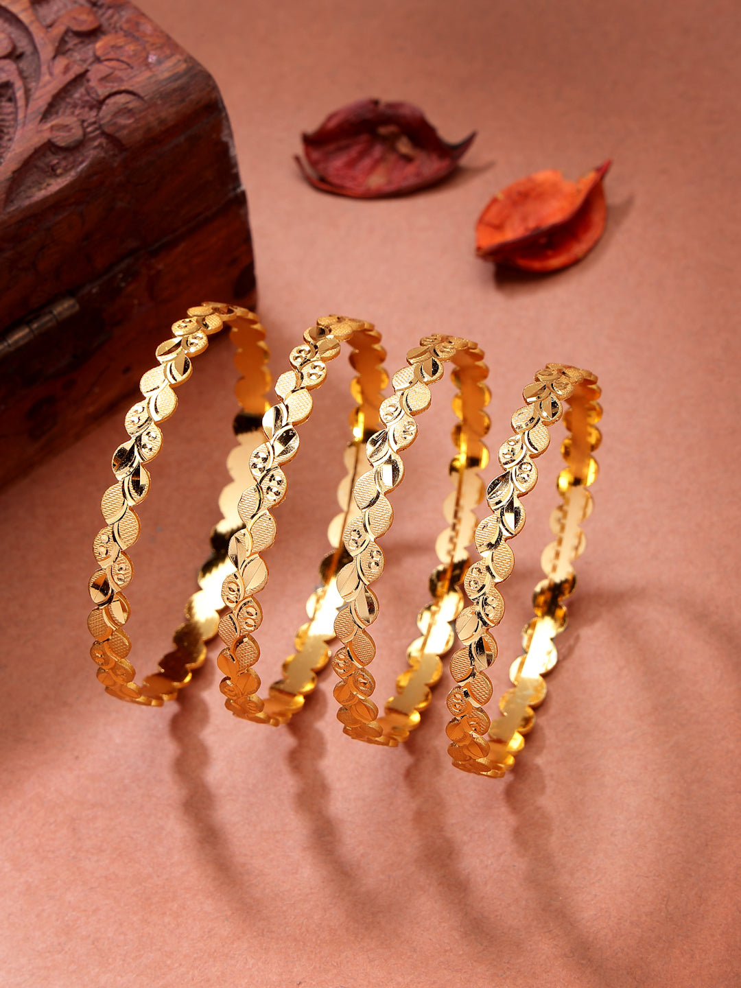 NVR Women's Set of 4 Gold-Polished Leaf Shaped Traditional Bangles - Swadesiicart