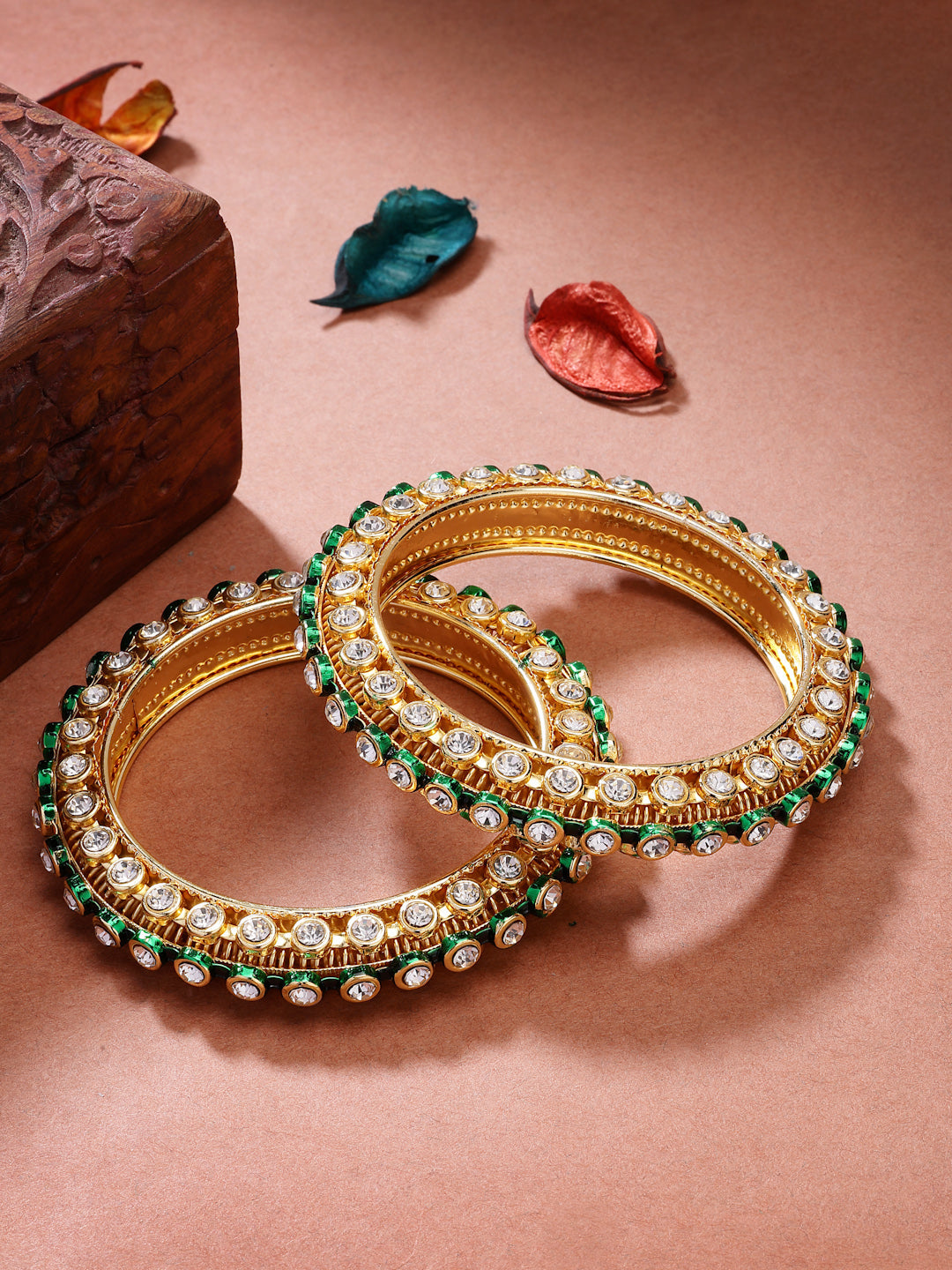 NVR Women's Set of 2 Gold-Polished Kundan Studded Bangles - Swadesiicart