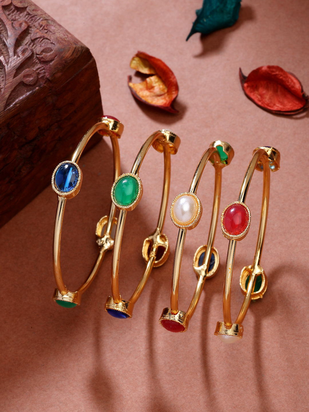 NVR Women's Set of 4 Gold-Polished Artificial Stone Studded Bangles - Swadesiicart