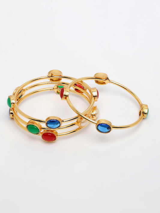 NVR Women's Set of 4 Gold-Polished Artificial Stone Studded Bangles - Swadesiicart