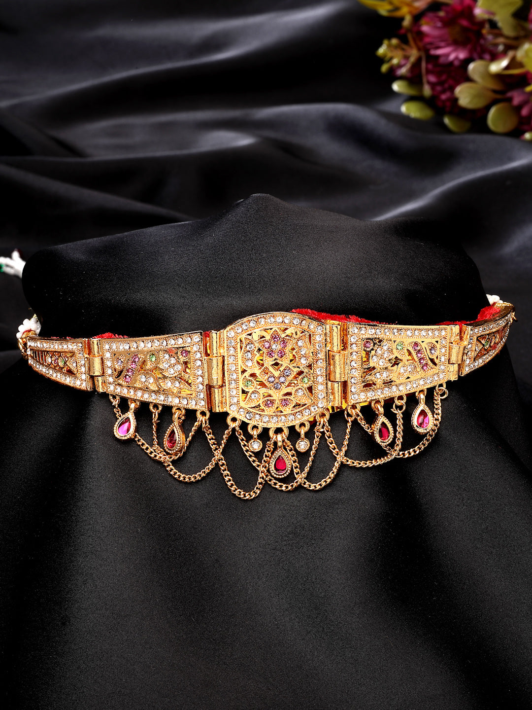 NVR Women's Gold-Polished Cubic Zirconia Stone Studded Rajputi Choker Necklace | Swadesiicart