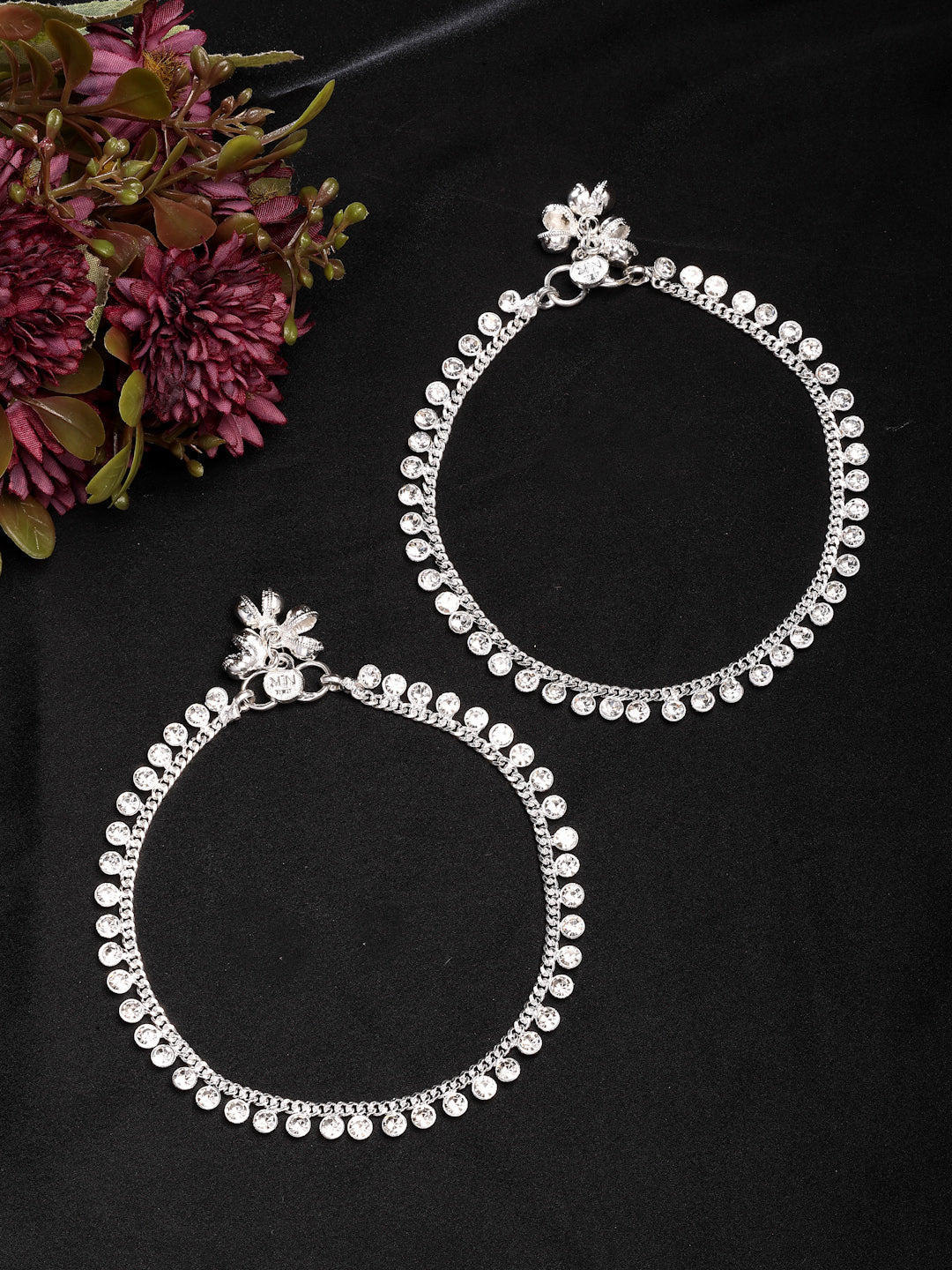 NVR Women's Set of 2 Silver-Plated Artificial Stone Studded Anklets - Swadesiicart