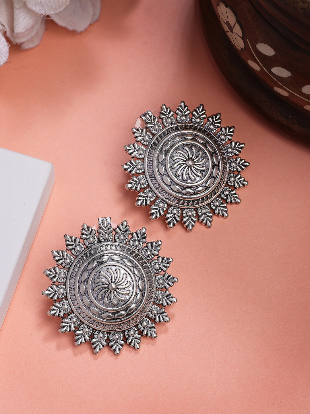 NVR Women Silver Plated Oxidized Circular Shape Stud Earrings - Swadesiicart