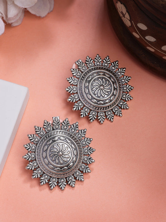 NVR Women Silver Plated Oxidized Circular Shape Stud Earrings - Swadesiicart